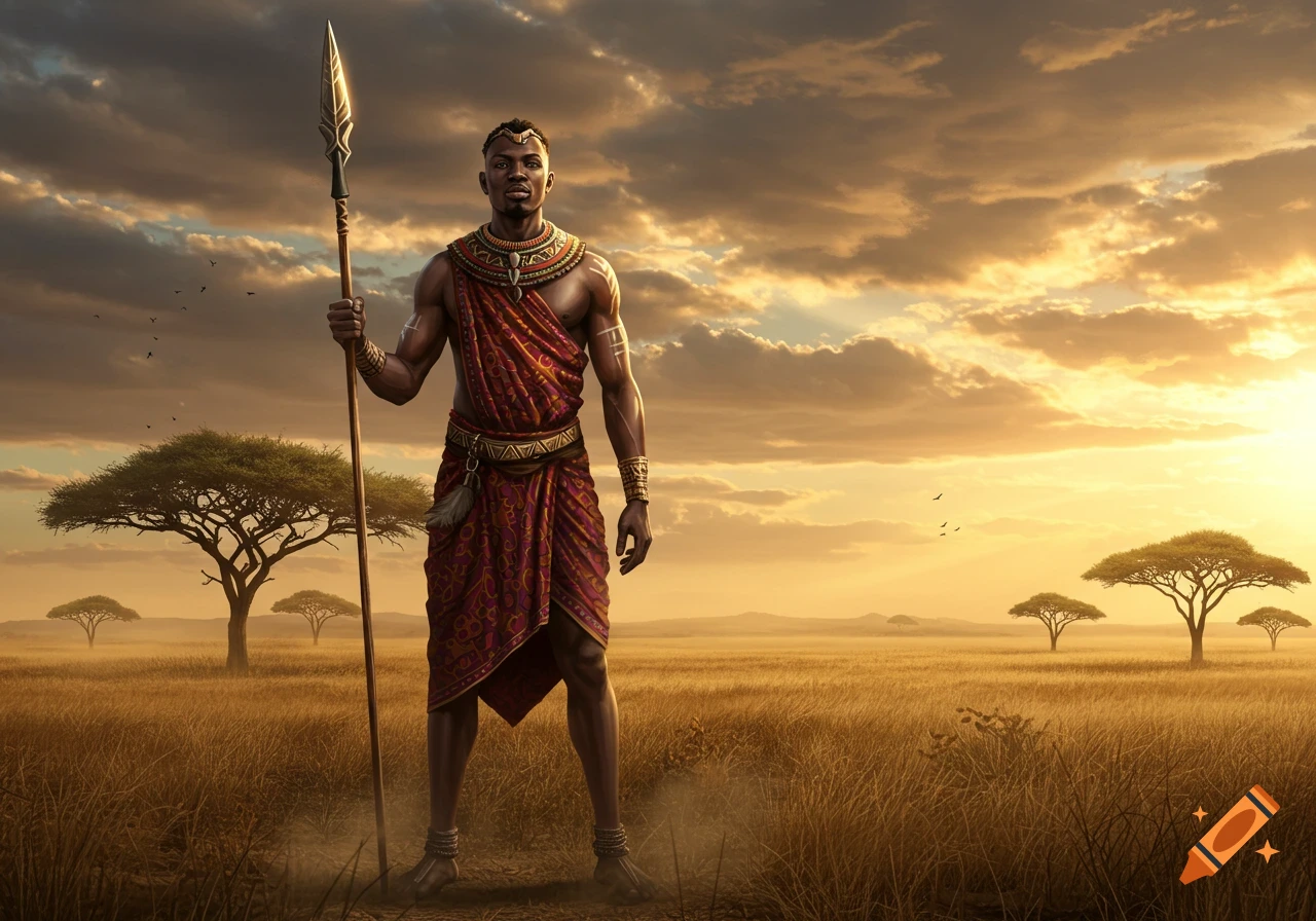 An African warrior stands in a savanna at sunset, holding a spear. Photorealistic illustration.