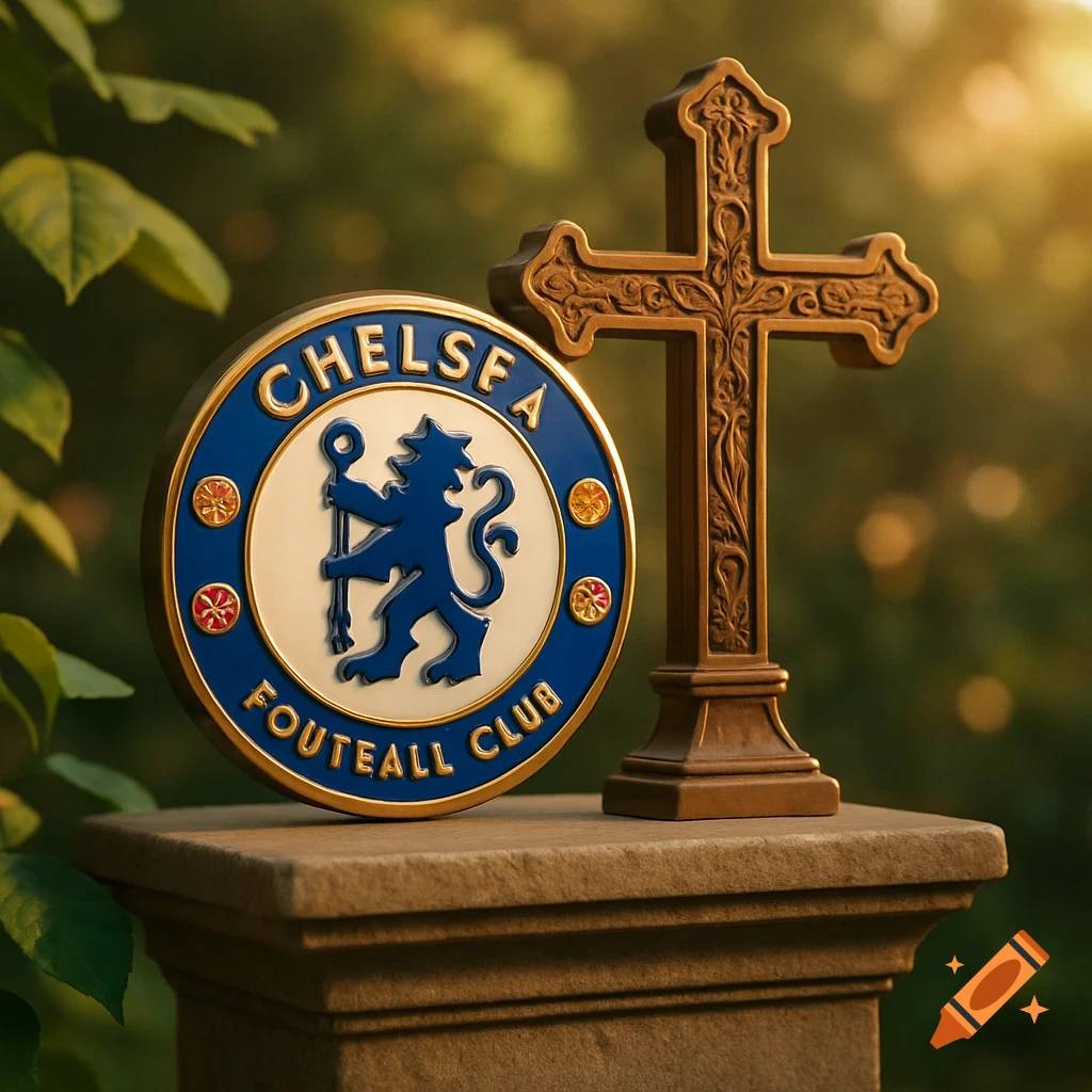 A Chelsea FC badge and an ornate cross stand on a stone pedestal outdoors, bathed in golden sunlight.