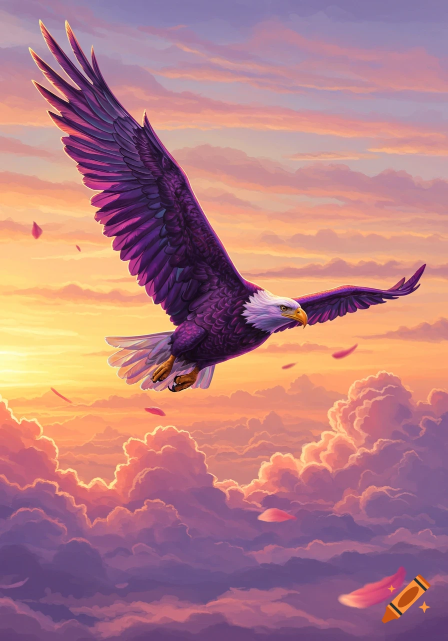 A vibrant purple bald eagle flies gracefully through fluffy clouds at sunset, rendered in a detailed illustration style.