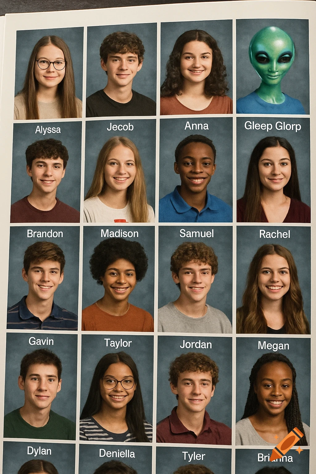 A page from a high school yearbook showing multiple headshot portraits of smiling students, including one green alien named Gleep Glorp. Each portrait has a name beneath it.