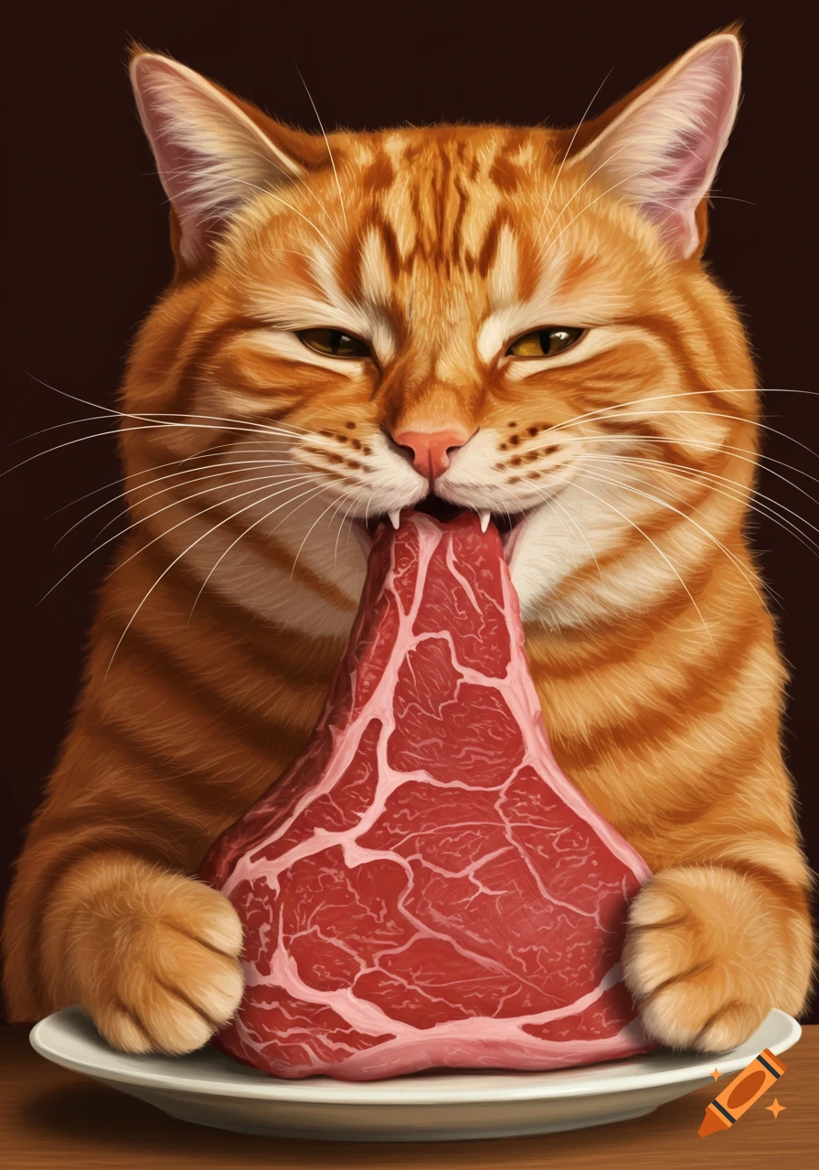 A close-up, highly detailed illustration of an orange tabby cat intently biting into a large raw steak on a white plate.