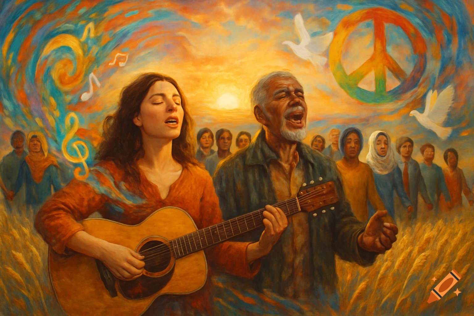 A vibrant painting of a woman playing guitar and a man singing, with a crowd, peace sign, and doves under a golden sky, musical notes floating in the air.