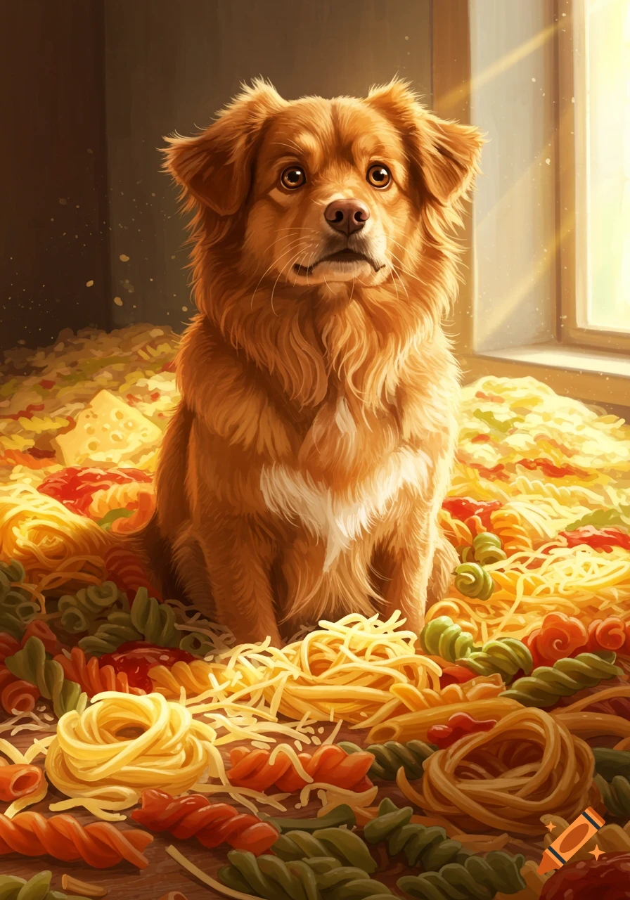 A fluffy, reddish-brown dog sits amidst a large pile of uncooked spaghetti, rotini, and other pasta shapes with some red sauce.