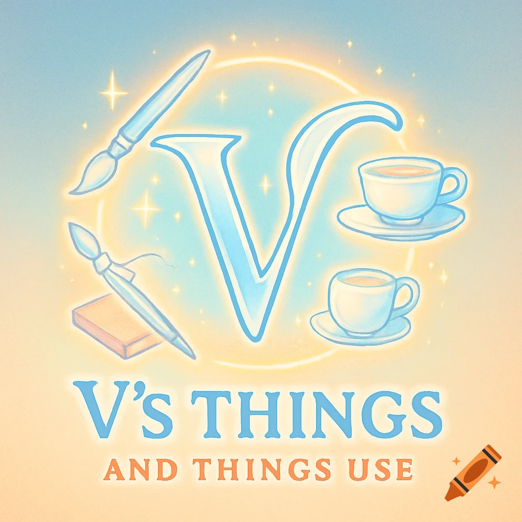 A logo with a glowing blue letter V surrounded by paintbrushes, an eraser, and teacups, with text 'V'S THINGS AND THINGS USE' in an anime style.