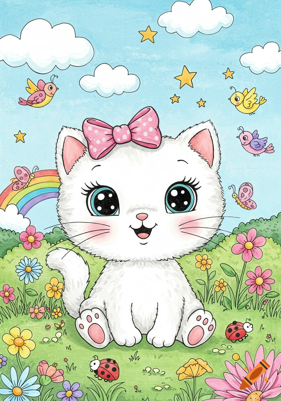 A cute white cat with a pink bow sits in a colorful field with flowers, butterflies, and ladybugs under a blue sky with a rainbow. Watercolor.