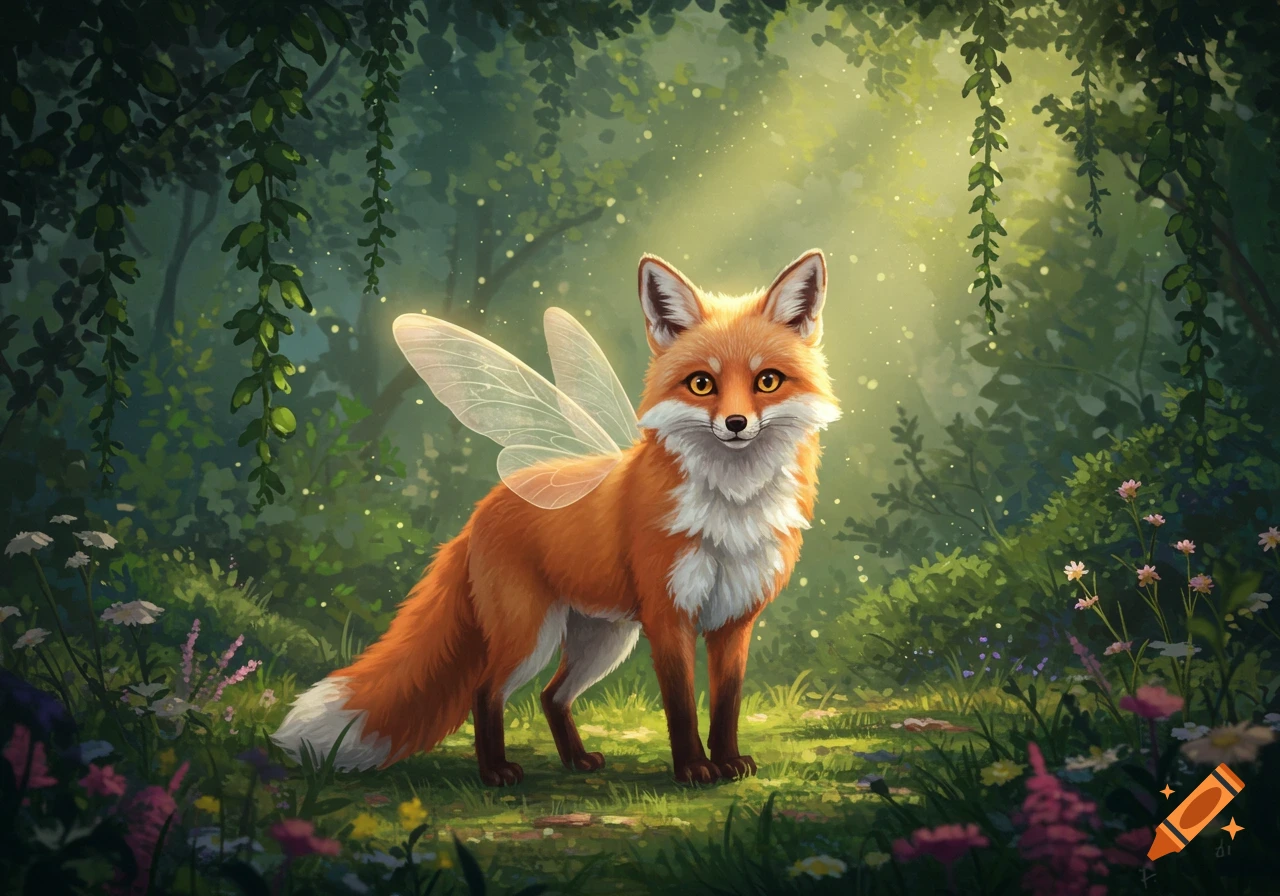 A cute orange fox with translucent fairy wings stands in a magical sunlit forest with lush green foliage and wildflowers.