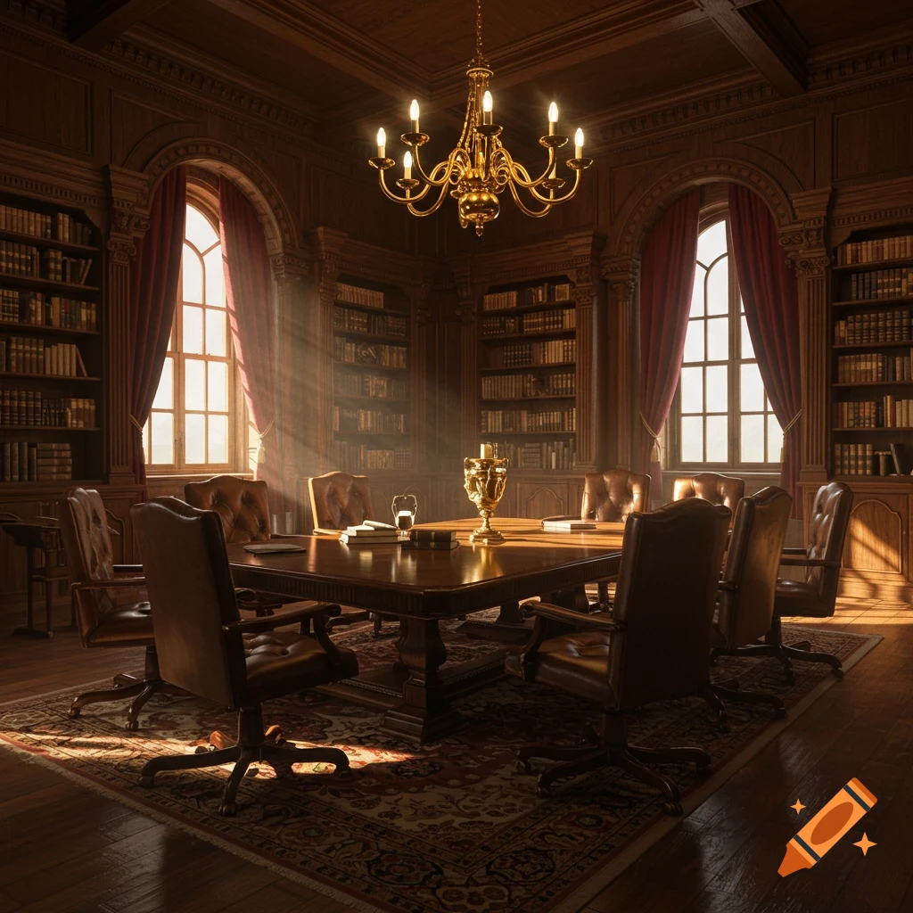 A grand, dimly lit traditional library room with dark wood paneling, bookshelves, and a large wooden table surrounded by brown leather chairs. Sunlight streams through tall arched windows.