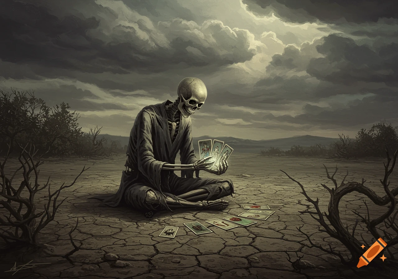 A robed skeleton sits in a cracked desert, holding glowing tarot cards under a stormy sky, in a dark fantasy art style.