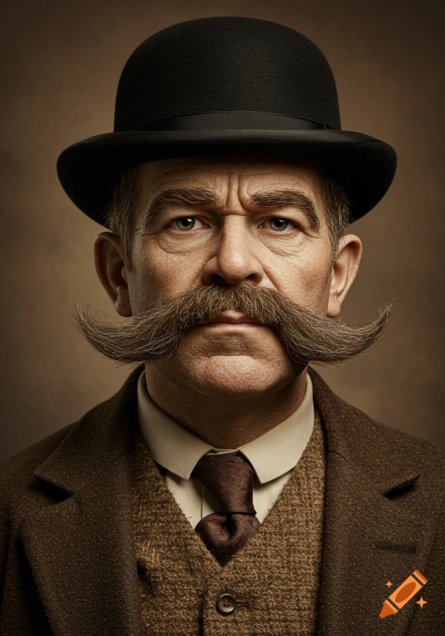 Photorealistic portrait of a middle-aged man with a large mustache and bushy eyebrows, wearing a black bowler hat and a brown tweed suit, on a muted background.