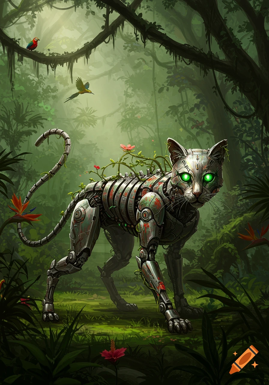 A detailed robot cat with glowing green eyes and vines growing on its metallic body walks through a lush jungle with birds.