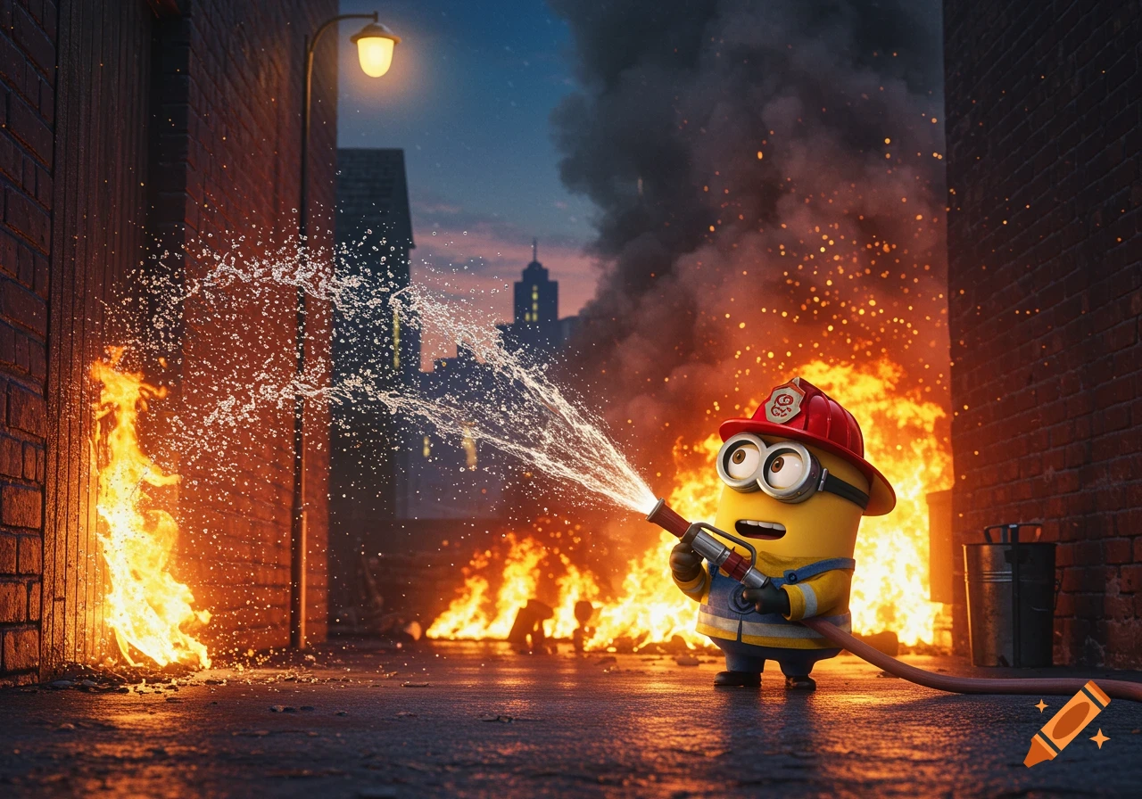 A Minion firefighter bravely sprays water on multiple fires in a dark city alleyway, with smoke rising in the background.