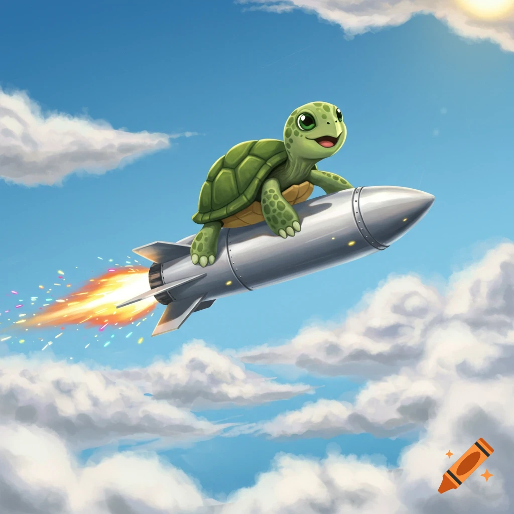 A cute, smiling cartoon turtle rides a silver rocket, flying through a blue sky with white clouds and fiery exhaust.