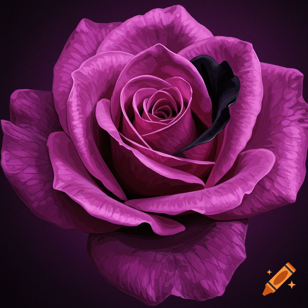 A close-up, abstract painting of a purple rose with a single black petal, showing accented brush strokes and shading.