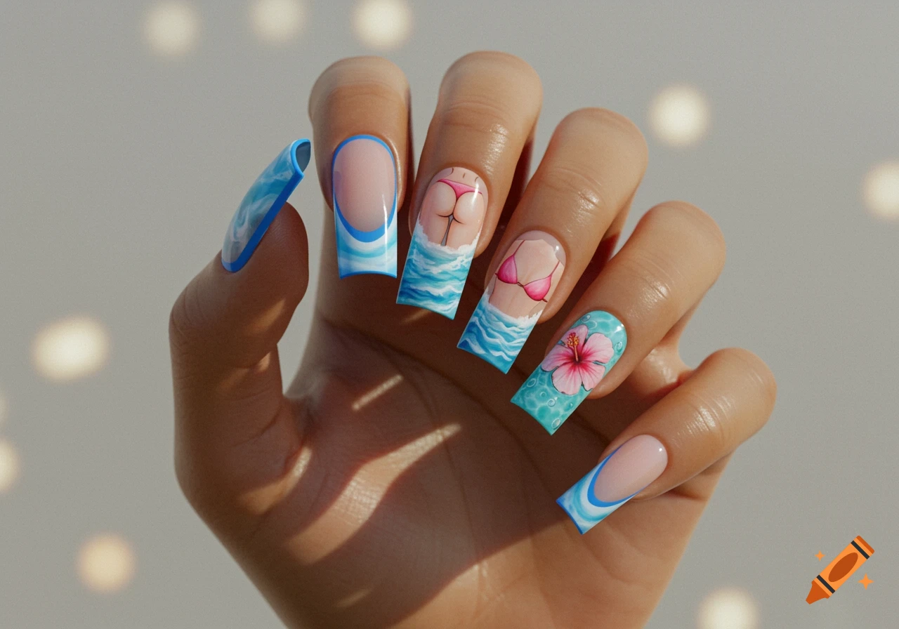 Close-up of a hand with long square acrylic nails featuring various designs, including blue French tips, waves, a bikini bottom, a bikini top, and a pink hibiscus flower on a blue watery background.