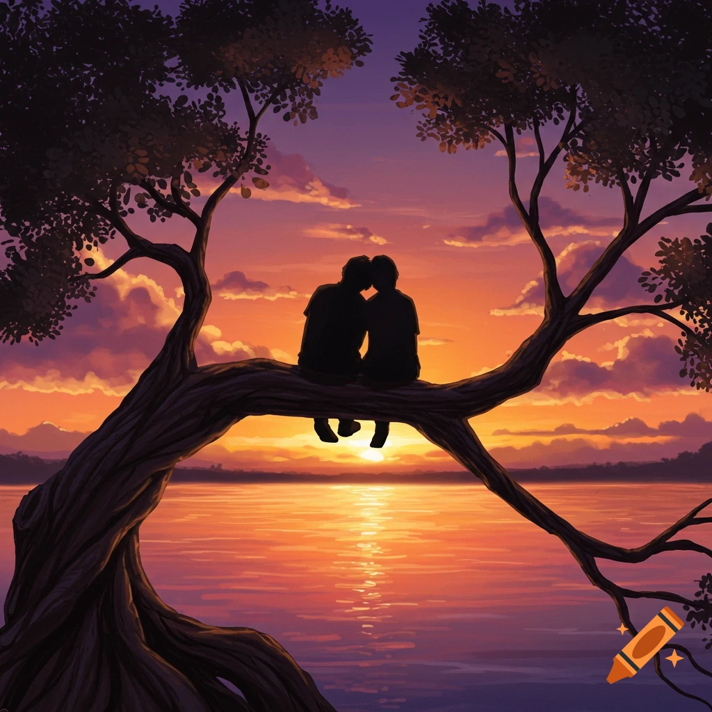 Two silhouettes of people sitting on a large tree branch, overlooking a vibrant orange and purple sunset over a tranquil lake.