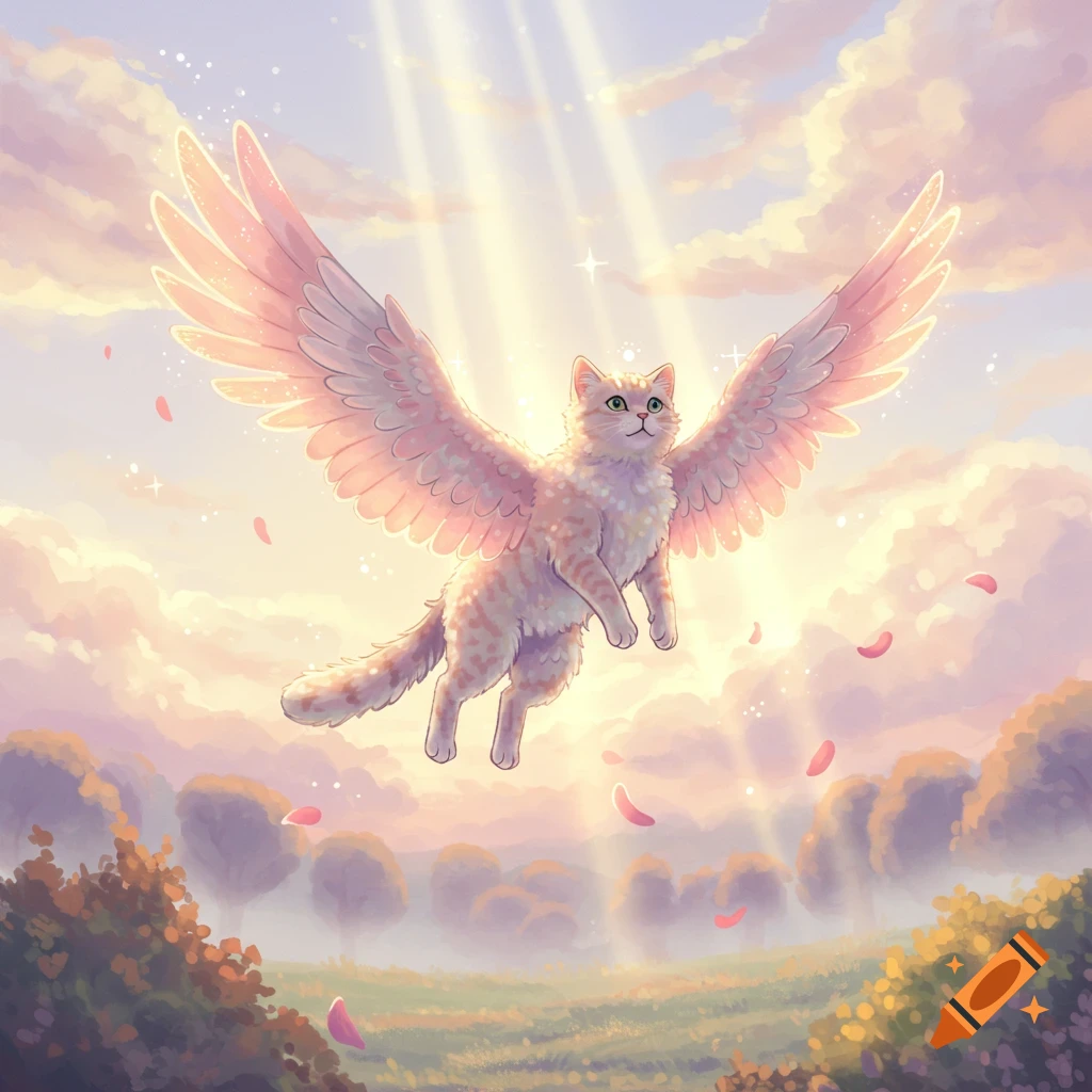 An illustrative, pastel drawing of a winged cat flying through a dreamy sky with sunbeams over a hazy landscape.