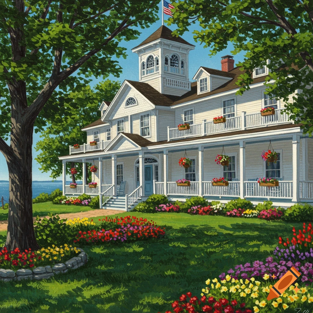 A vibrant painting of a white island house hotel with a grand porch, a tower flying an American flag, and colorful flower gardens leading to the ocean.