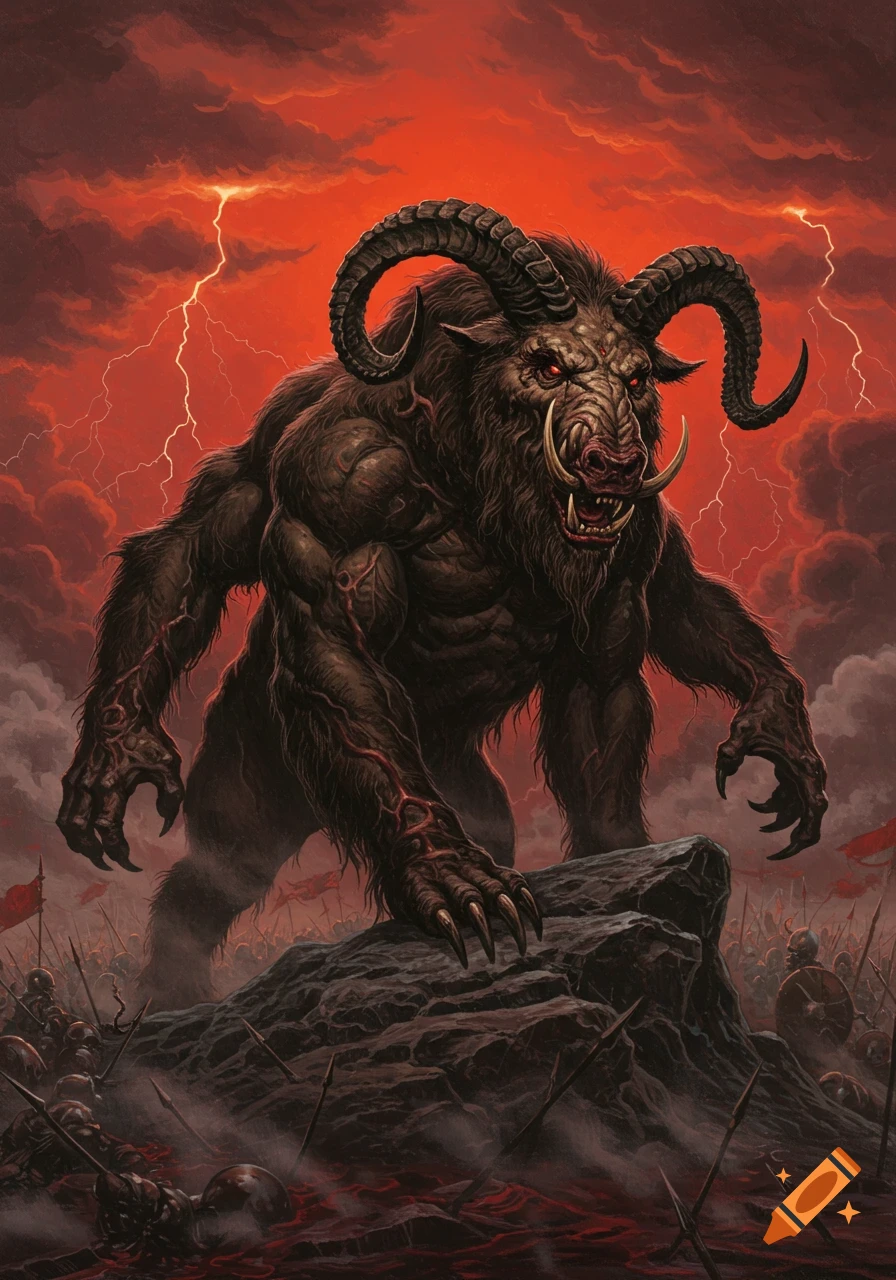 A monstrous boar-bear-goat creature with tusks and horns stands on a rock above a battlefield under a red, lightning-filled sky.