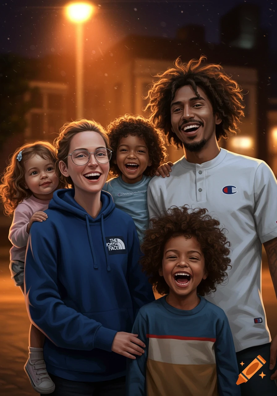 A multiracial family of five, including two adults and three children, smiles and laughs under a streetlight at night.