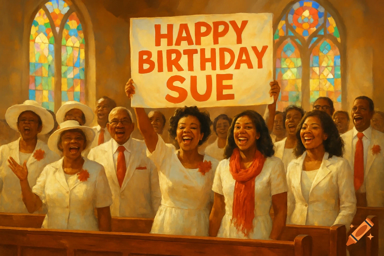 Oil painting of a joyous African American church congregation holding a "Happy Birthday Sue" sign amidst stained glass windows.