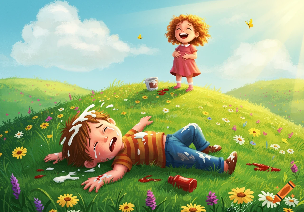 A crying boy lies on a grassy hill, covered in milk and ketchup, while a laughing girl stands above him.
