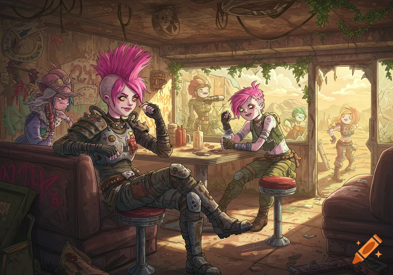 Two punk raider girls with pink mohawks relax inside a dilapidated diner, with other characters visible outside in a desert landscape, in an Adventure Time cartoon style.