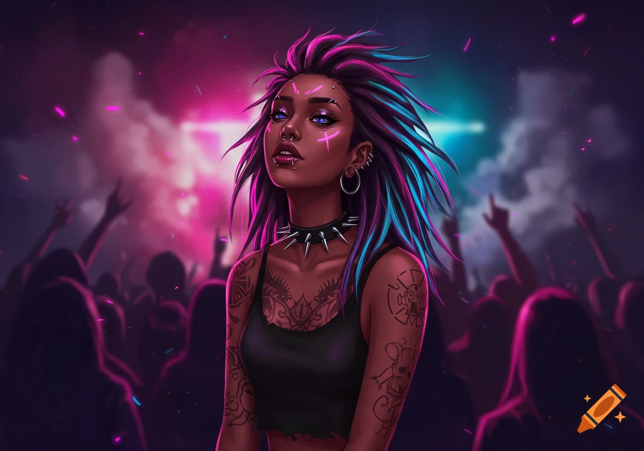 An anime-style portrait of an alternative dark-skinned girl with colorful hair, tattoos, and piercings at a vibrant concert.