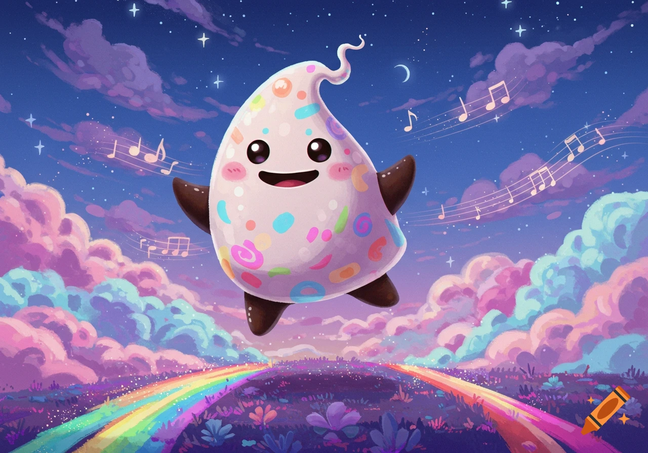 A cute, sprinkle-covered marshmallow-like character floats over a rainbow path and purple field, with musical notes, colorful clouds, and a starry sky.