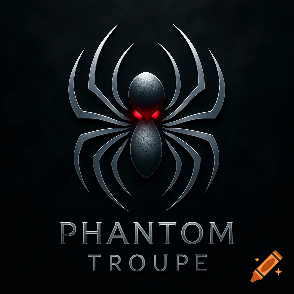 A metallic silver spider logo with glowing red eyes and the text 'PHANTOM TROUPE' on a black background.