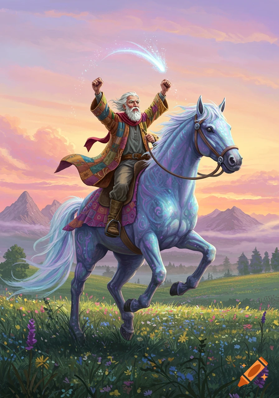 An old man with a beard, wearing a colorful patchwork coat, joyfully rides a luminous blue horse across a field of wildflowers at sunset. A magical glowing trail arcs from his hand into the sky.
