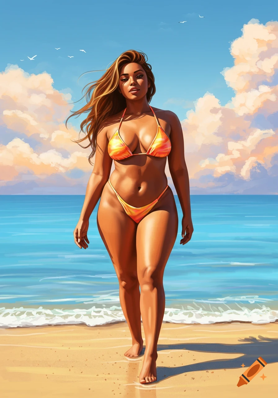 A woman in a vibrant orange bikini walks along a sunny beach with blue water and white clouds.