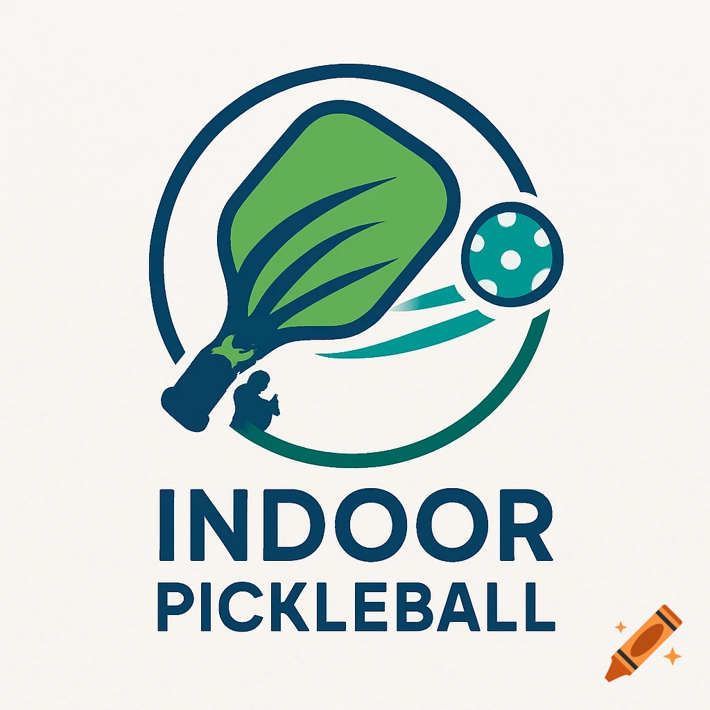 Logo for Indoor Pickleball featuring a green paddle, a ball, and the text 'INDOOR PICKLEBALL' in a circular design.