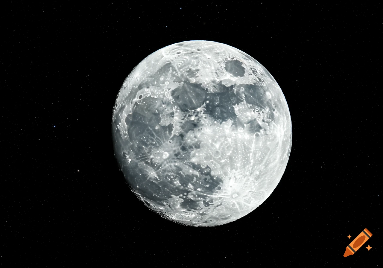 Photorealistic image of the full moon with craters and mare against a dark, star-filled space.