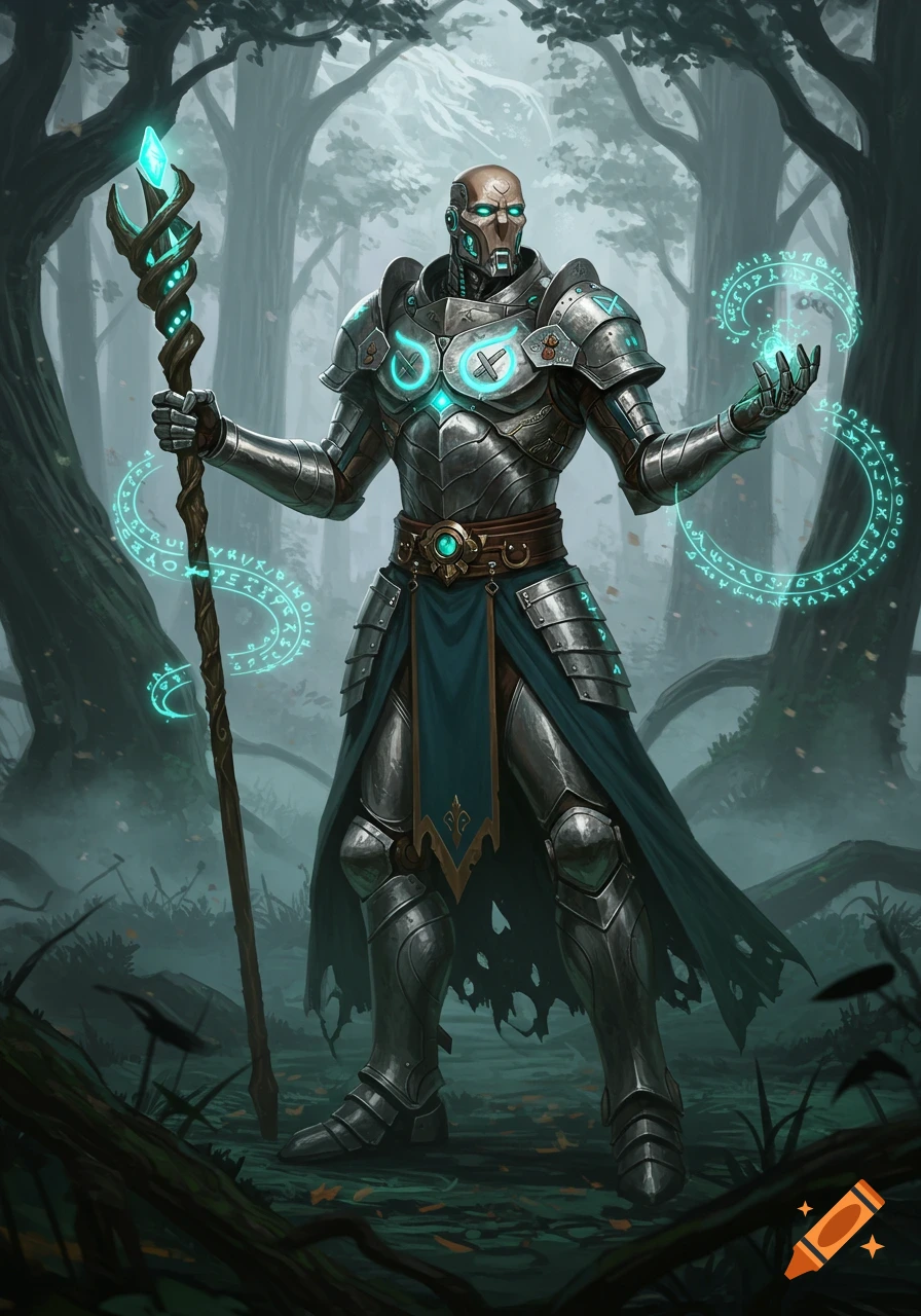 A robot in medieval armor holds a glowing staff and conjures magic runes in a mystical forest, digital art.