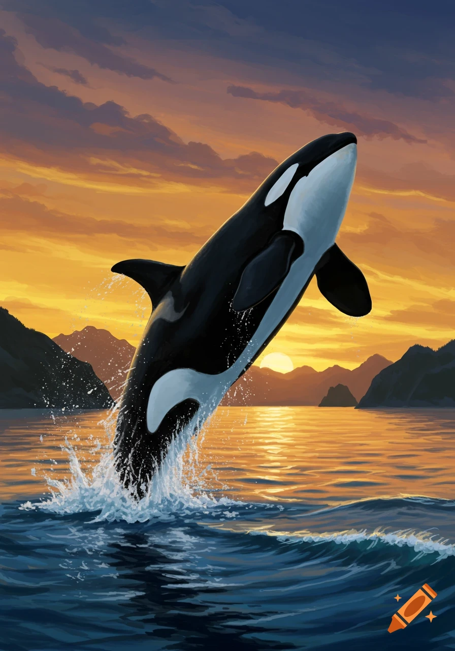 An illustration of an orca breaching from the ocean at sunset with mountains in the background.