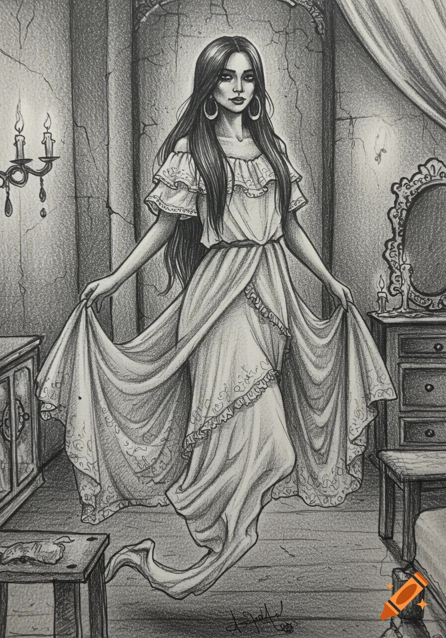 A hand-drawn pencil sketch of a long-haired Latina ghost in a flowing dress, floating in a dimly lit, old-fashioned room.