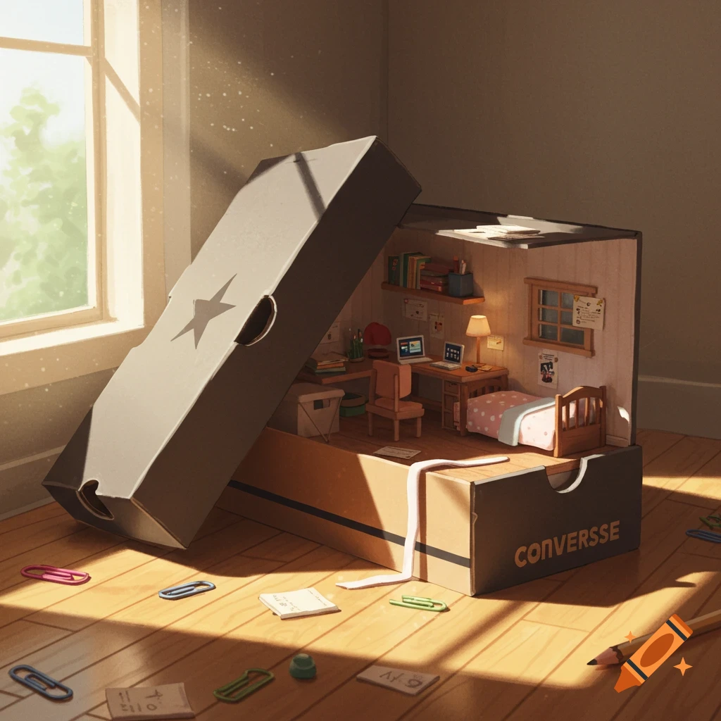 A miniature cozy room with a bed and desk inside an open shoebox on a wooden floor, bathed in sunlight.