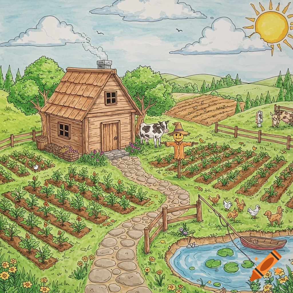 A detailed cartoon illustration of a peaceful farm scene with a wooden cabin, planted fields, animals, and a pond under a sunny sky.