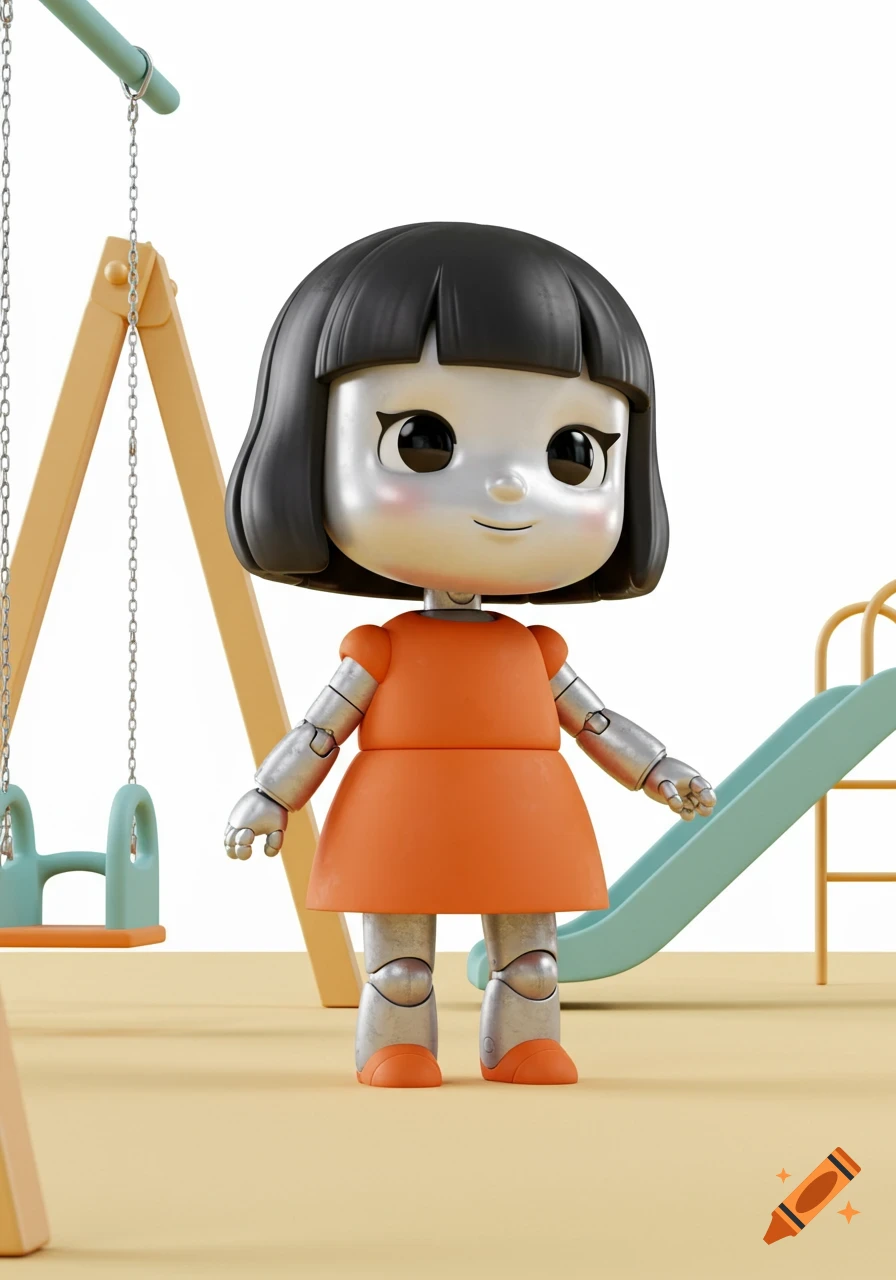 A cute cartoon robot girl with short black hair and an orange dress stands in a bright playground with a swing set and slide.