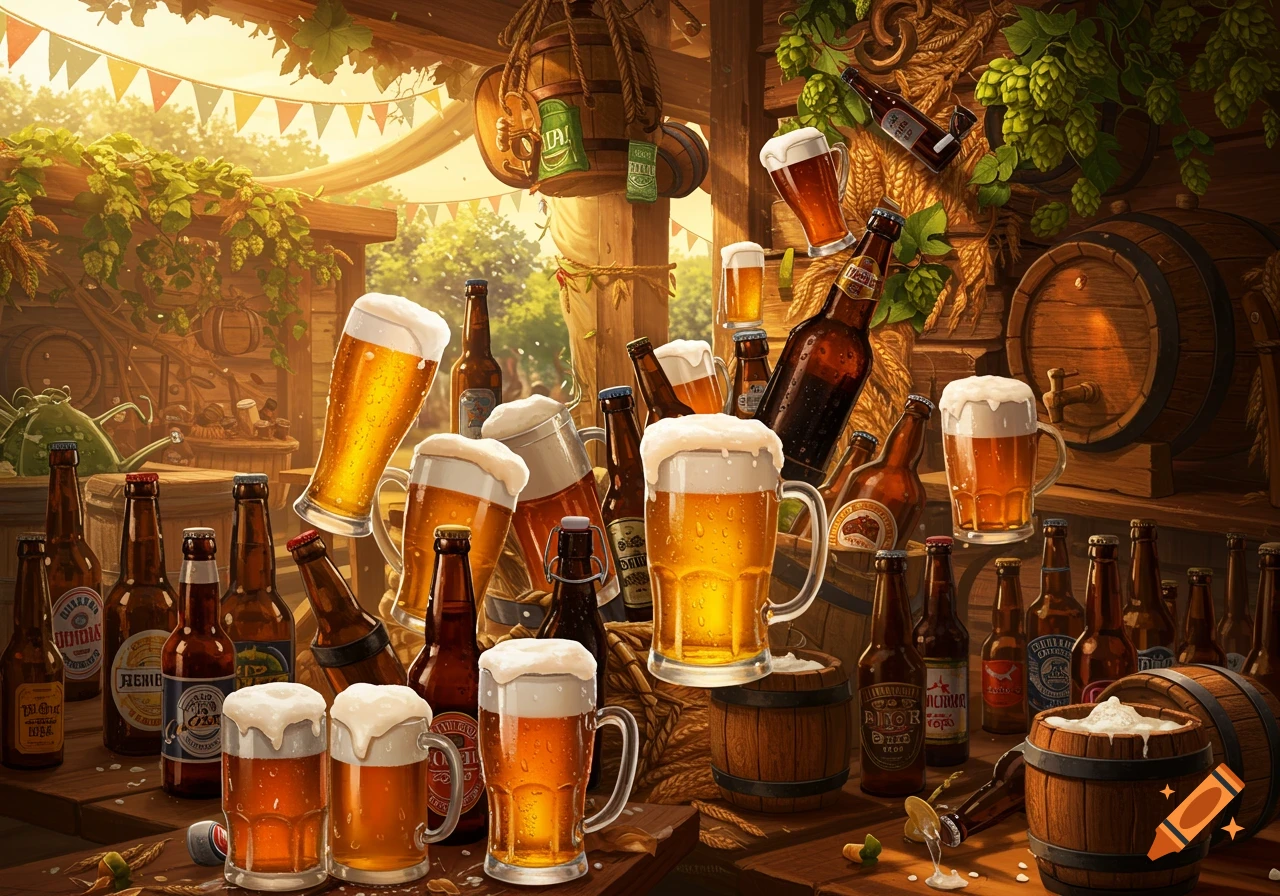 A vibrant scene of numerous beer mugs and bottles, some floating, set in a rustic brewery or pub environment with wooden barrels and hops vines.