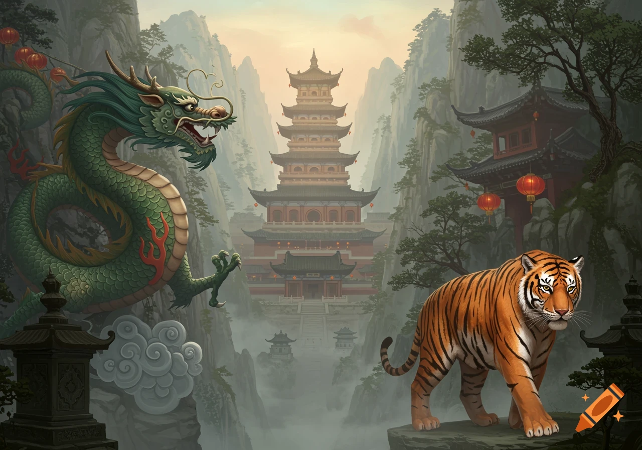 A green Chinese dragon on the left and an orange tiger on the right stand on mountain cliffs, overlooking traditional Chinese temples shrouded in mist.