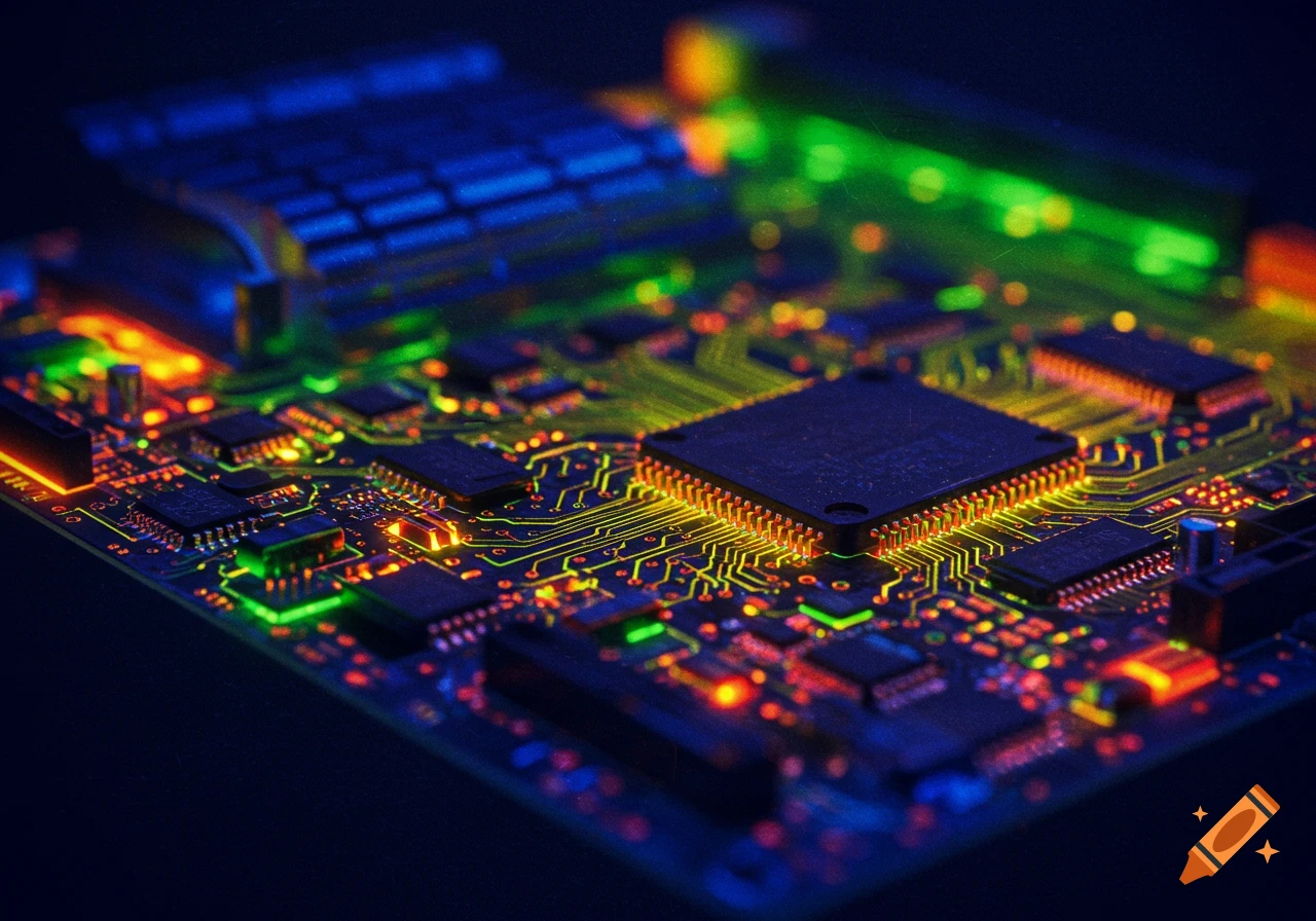 A close-up of a glowing computer circuit board with vibrant orange, green, and blue lights against a dark background, in a thermal vision style.