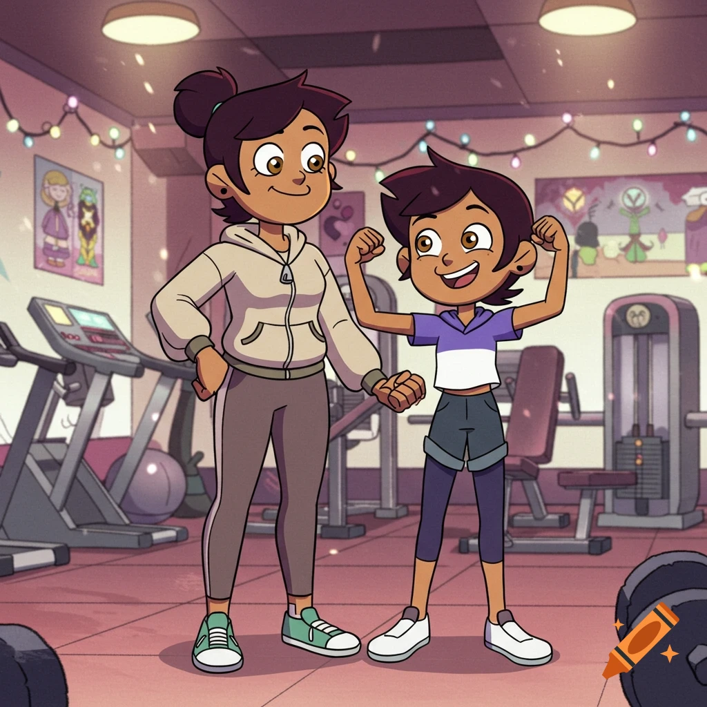 A tall woman and a shorter girl, both cartoon characters, stand in a gym, the girl happily flexing her biceps.