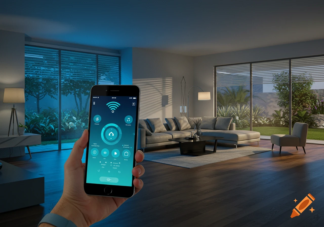 A hand holds a smartphone displaying a smart home control app in a modern living room with blue accent lighting.