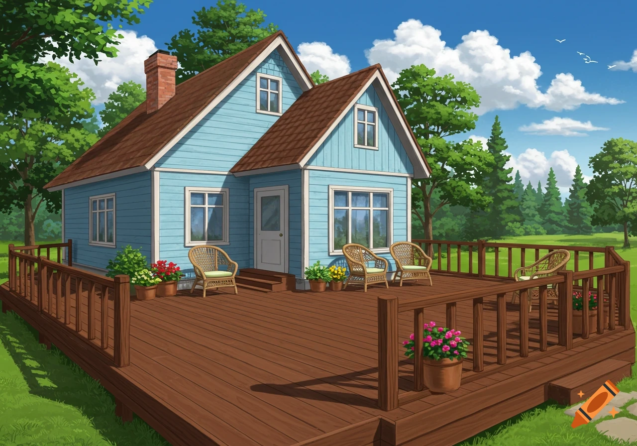 A light blue house with a brown wooden deck surrounded by green trees under a blue sky with white clouds.