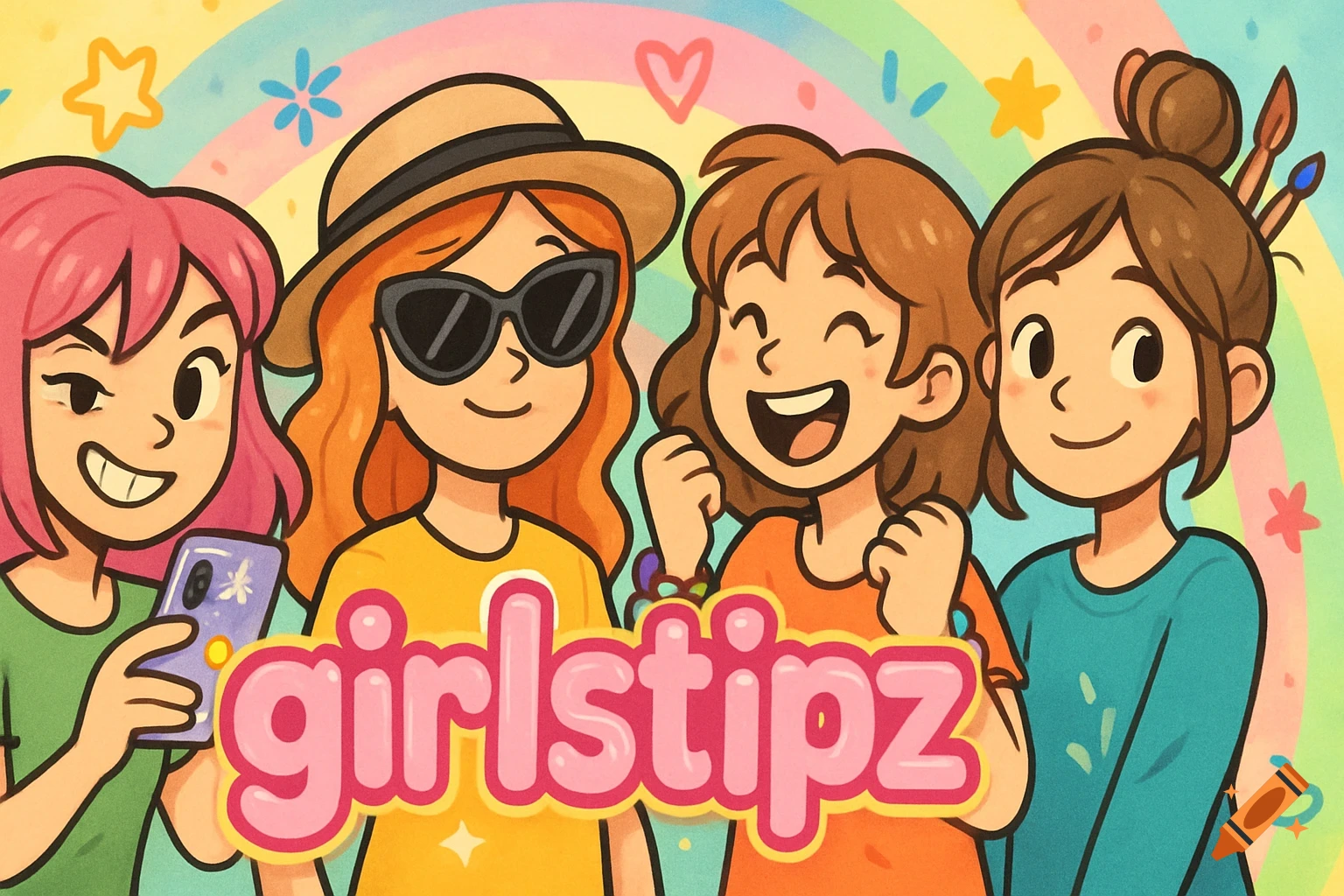 Four cartoon girls smiling in front of a colorful rainbow background, with the pink text "girlstipz" across the bottom.