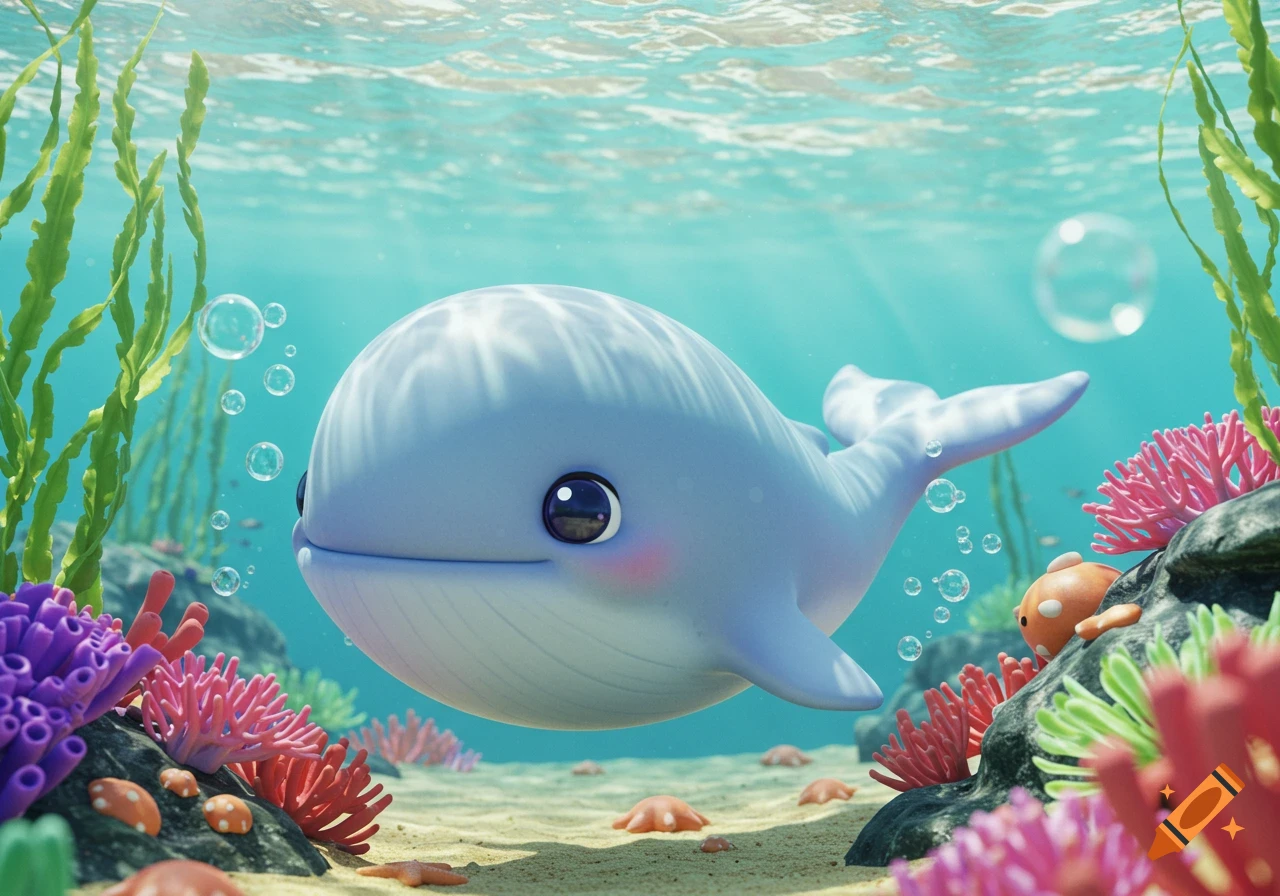 A cute, blue chibi whale swims underwater among colorful coral, seaweed, and bubbles.
