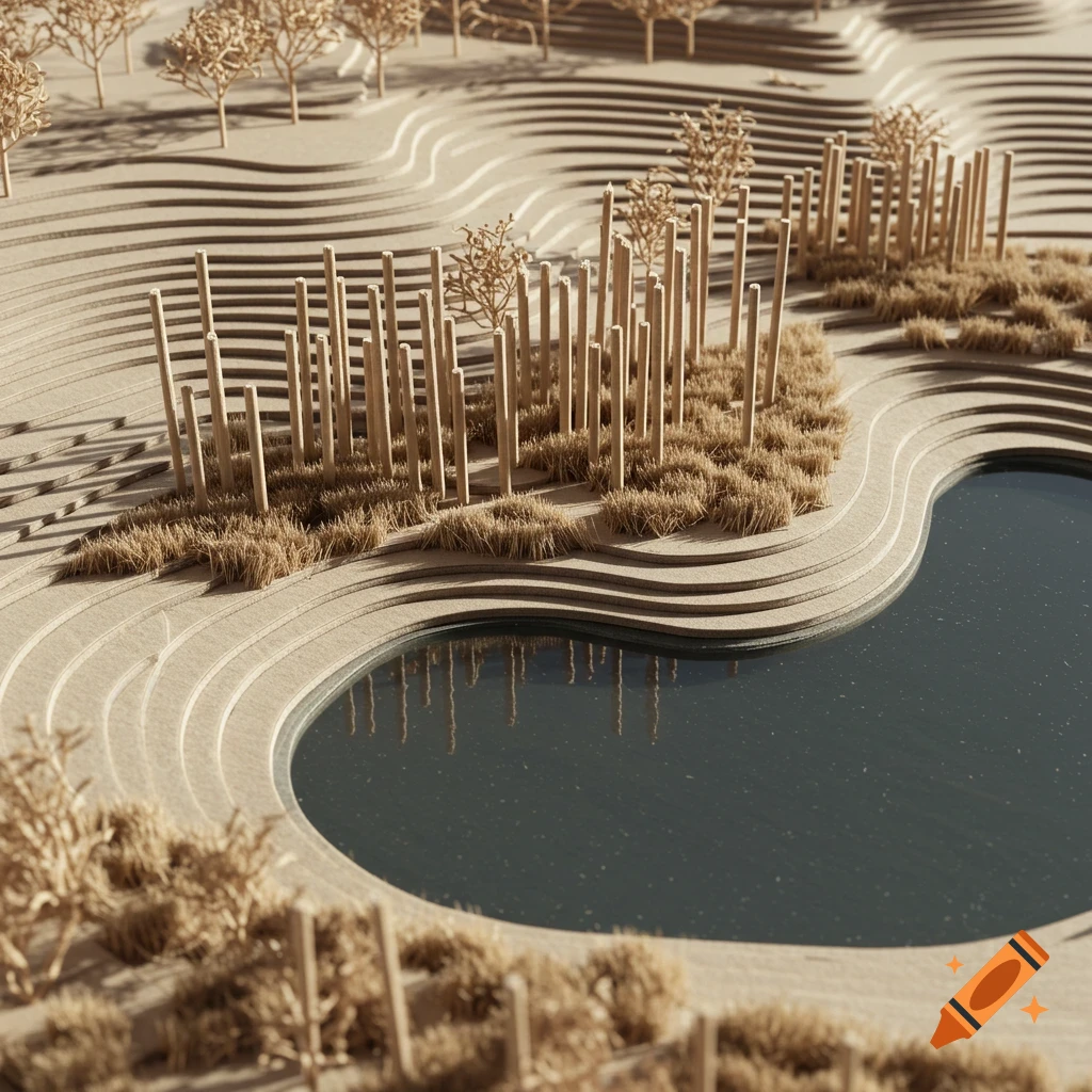 An overhead view of a detailed landscape model made of layered cardstock and wood dowels, featuring a dark pond, grassy areas, and abstract trees on a terrain of wavy layers.
