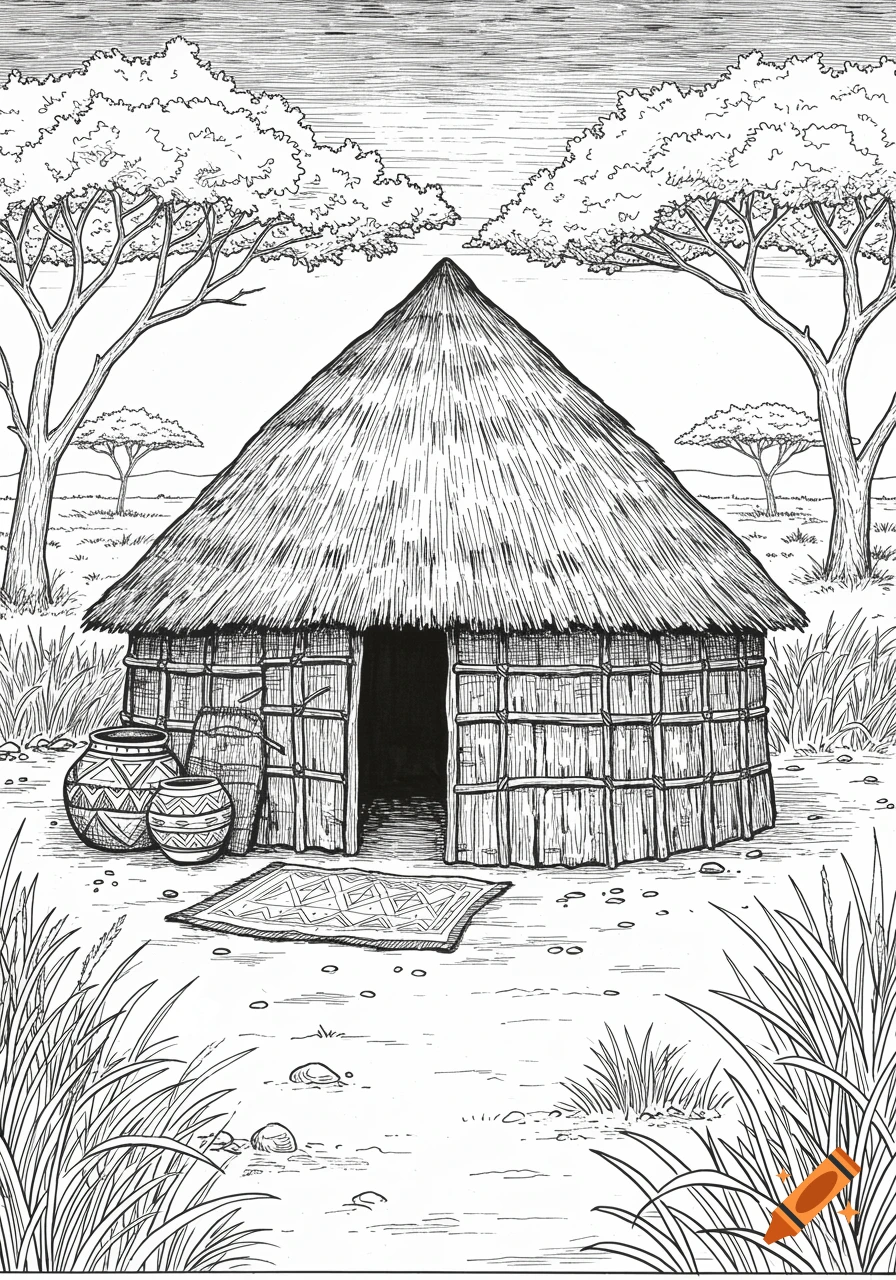 Black and white line art coloring page of a traditional Somali aqal hut with a thatched roof, pottery, and trees in a landscape.