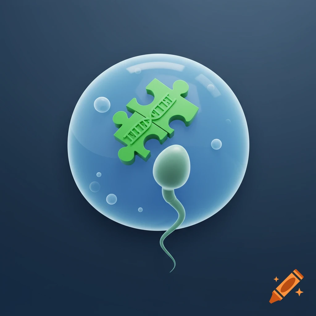 A stylized green puzzle piece with a DNA helix pattern is inside a transparent bubble with a sperm cell, against a dark blue background.